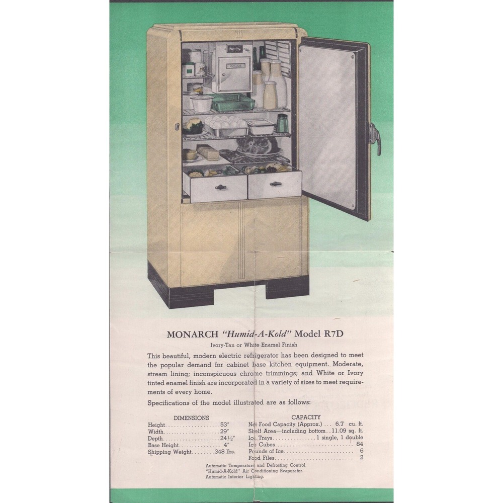 Vintage Monarch Humid-A-Kold Refrigerator Model R7D Advertising Brochure VG
